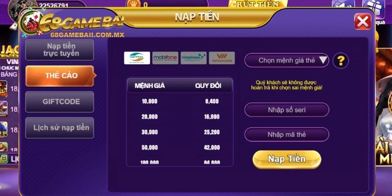 Hướng dẫn nạp tiền 68 game bài trong 4 bước đơn giản